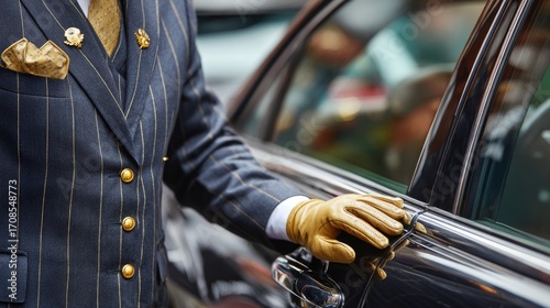 Luxury chauffeur in elegant suit with golden gloves opening car door