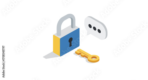 Secure communication concept with lock and key in isometric style