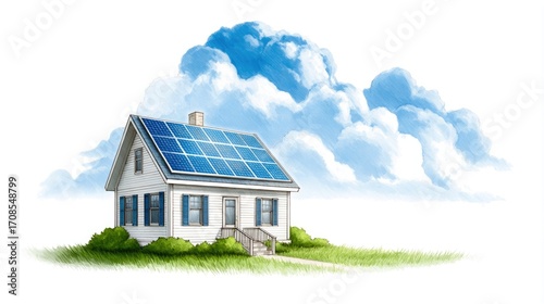 Eco-friendly house with solar panels under blue sky and clouds