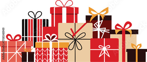 Stack of festive christmas presents wrapped in red and tan paper