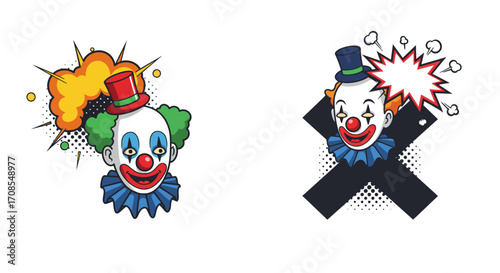 Colorful clown faces with comic style animation effects and textured elements