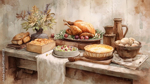 Rustic Farmhouse Thanksgiving Dinner Table Illustration