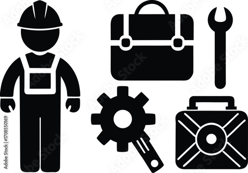 Factory worker tools and gear vector icon set for industrial and manufacturing projects