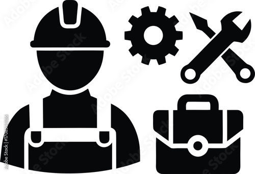Factory worker tools gear toolbox bolt vector illustration for industrial services