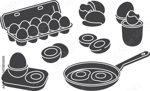 Collection of stylized eggs and cooking utensils in a minimalist design