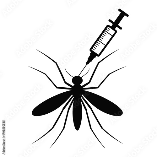 Vector of a syringe injecting a mosquito silhouette, symbolizing malaria vaccine in bold black outline on white background