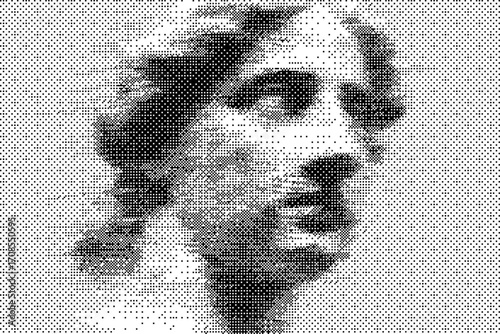 Halftone portrait of marble bust, dense pixel dot pattern, photocopy grain. Roman, Greek classical profile, chiseled texture, printmaking aesthetic, vector illustration