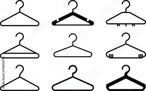 Collection of nine simple line art clothing hangers in a grid