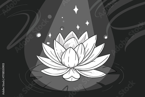 Mystical lotus flower illuminated by a spotlight with sparkling stars
