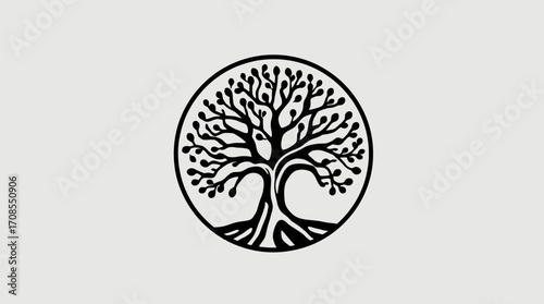 Stylized tree of life illustration within a circle, featuring intricate branches and roots, set against a neutral background.