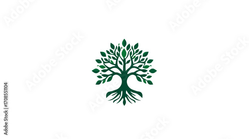 Stylized graphic of a tree, showcasing its roots and leaves, designed for a logo or symbol.