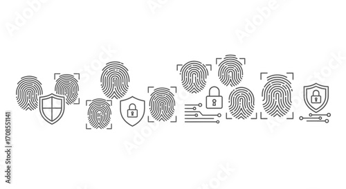 Digital security concept with fingerprint and shield icons representing biometric authentication and data protection