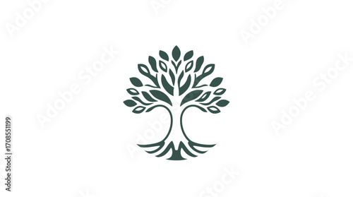 A stylized illustration of a tree with leaves and roots, centered on white background.