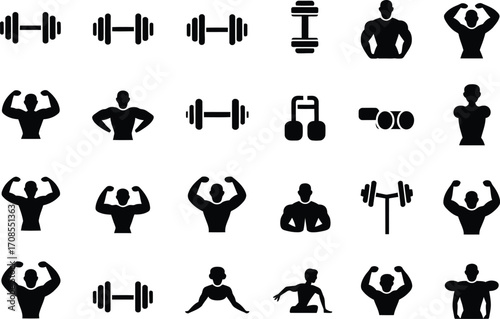 Collection of diverse fitness icons, showcasing strength training and bodybuilder silhouettes.