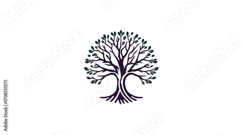 A stylized illustration of a tree with intricate branches and leaves, centered on a white background.