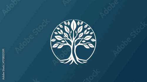 White tree illustration with leaves and roots inside a circle on a blue gradient background.