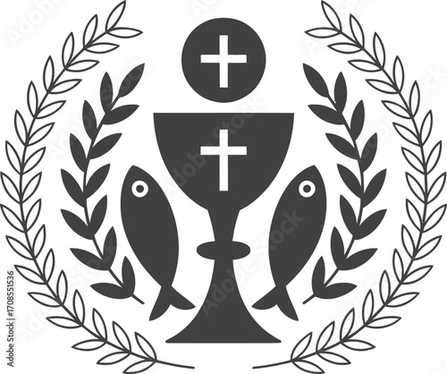 Christian symbol of chalice cross and fish within laurel wreath