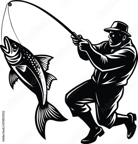 Fisherman Catching Big Fish Silhouette Vector Illustration