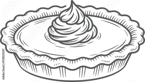 Hand drawn sketch of a delicious pie with whipped cream topping