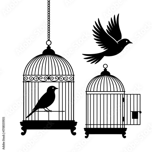 Birds in Cage Silhouette Vector Illustration