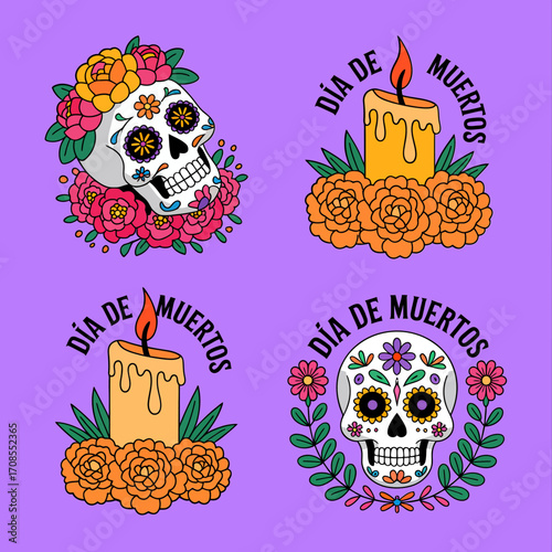 Dia de Muertos badges, marigold flowers, melting candles, sugar skull wreaths, purple background, Mexican folk art vector