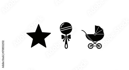 Simple icons representing baby and childhood: star, rattle, and stroller.