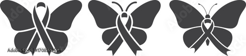 Three stylized butterflies with awareness ribbons as wings symbolizing hope and support