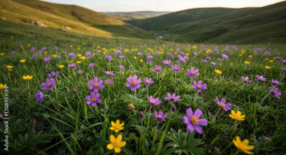 Obraz premium A carpet of wildflowers in a grassy valley. Sunlight bathes the scene