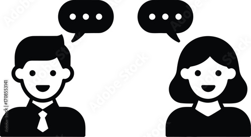 Two people sharing ideas in a conversation with speech bubbles above their heads.