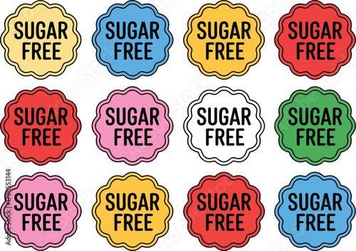 Collection of colorful "Sugar Free" labels for healthy food choices