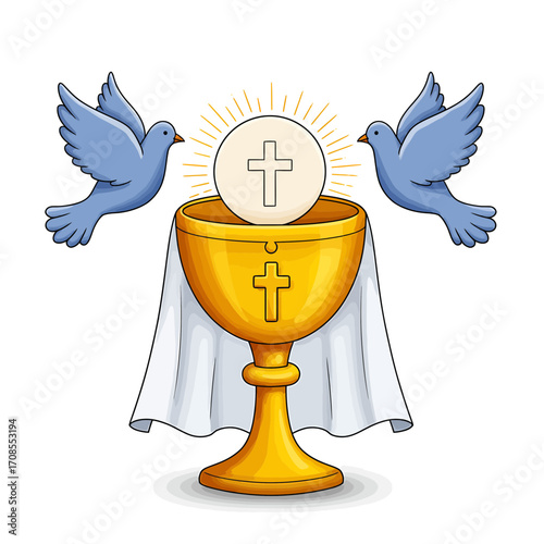Holy Chalice with Cross and Doves Religious Illustration