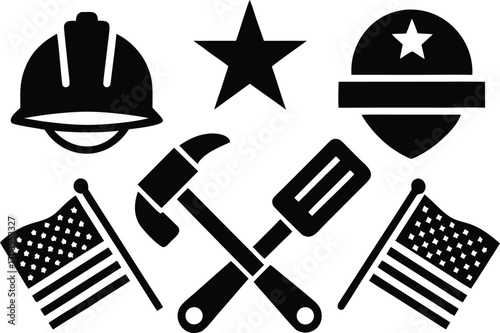 Labor day usa icons set vector illustration scalable eps american flag tools helmet star
