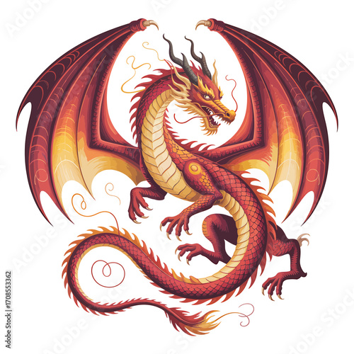 Red Fire Dragon with Wings Fantasy Creature Illustration
