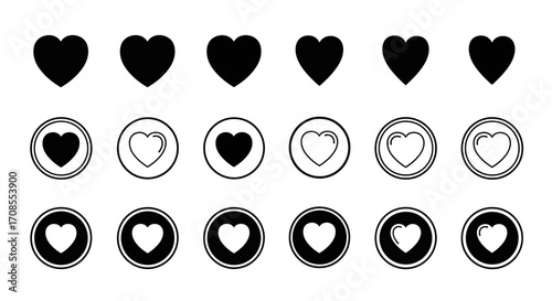 Collection of diverse heart icons representing love, feedback, and social media engagement.