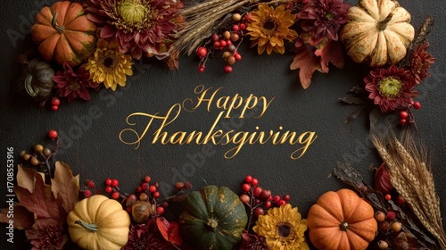 Cozy thanksgiving greeting card design with festive atmosphere autumn decorations digital art warm lighting celebratory concept