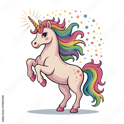 Cute Unicorn with Rainbow Mane and Sparkles Cartoon Illustration