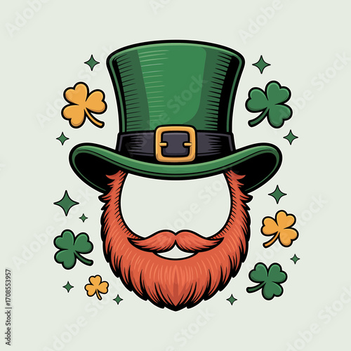 Leprechaun Hat with Mustache, Beard and Shamrocks Illustration