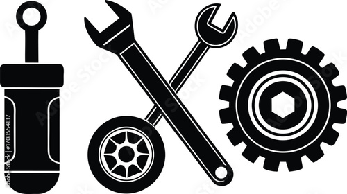 Set of mechanic tools gear oil can wrench and span vector illustration icon