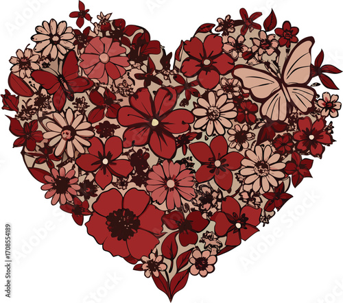 Heart shaped floral arrangement with butterfly illustration