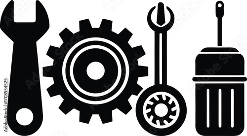 Scalable vector illustration set of mechanic tools gears and oil can for eps file format