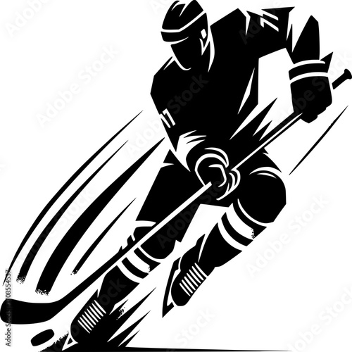 Ice Hockey Player Action Silhouette: A dynamic silhouette captures a hockey player in full action, with a poised stance and swift movement, demonstrating the energy and intensity of the game.