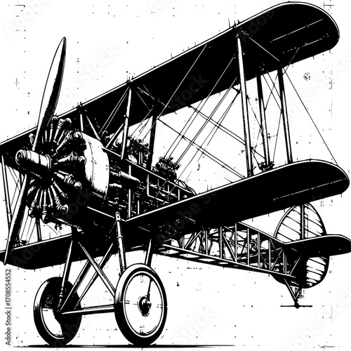 Vintage Biplane in Flight: A detailed monochrome illustration of a classic biplane, embodying the spirit of early aviation and mechanical ingenuity.