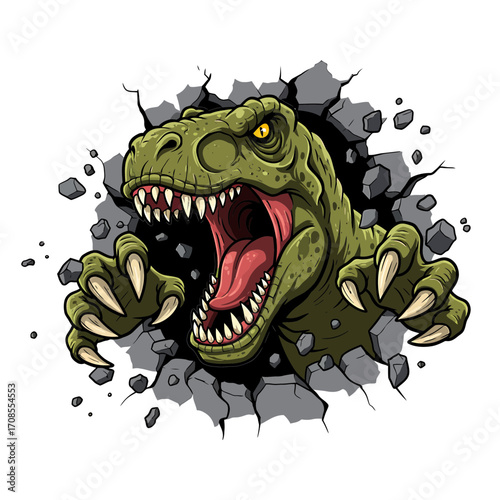 Angry T-Rex Dinosaur Breaking Wall Cartoon Illustration