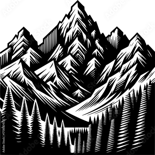 Majestic Peaks: A striking monochrome depiction of towering mountains, capturing the rugged beauty of nature, with intricate details and bold contrasts.