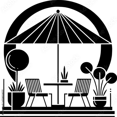 Outdoor Cafe Illustration: A charming illustration depicts a cozy outdoor cafe scene, complete with a table, chairs, an umbrella and decorative plants.