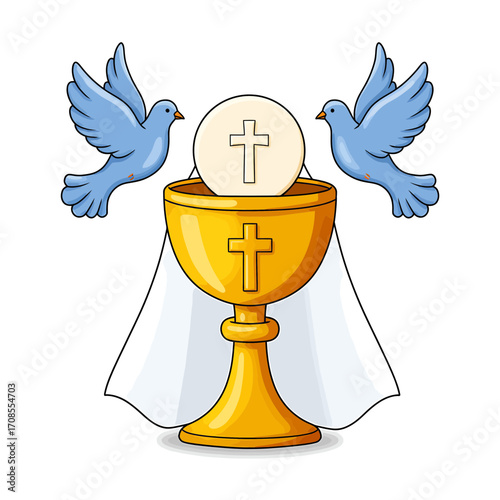 Golden Chalice with Holy Communion Host and Doves Vector Illustration