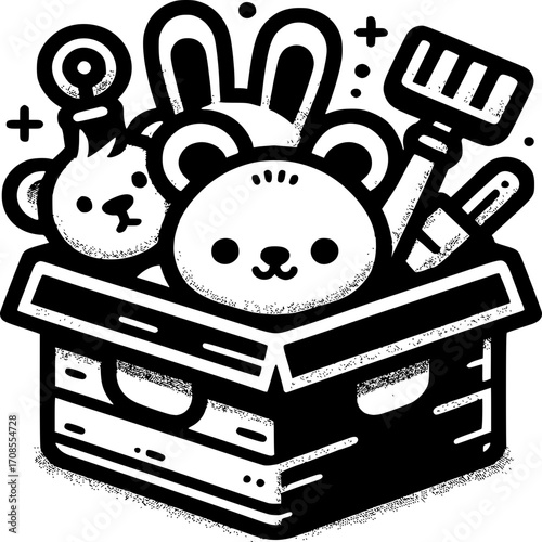 Toy Box Treasure: A charming illustration showcases a treasure trove of delightful toys nestled within a box, celebrating the essence of childhood fun and playful innocence.