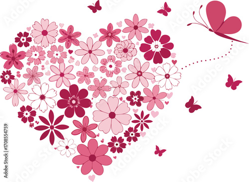 Heart shaped floral design with butterflies in various shades of pink