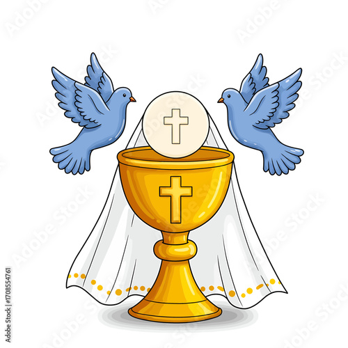 Holy Communion Chalice with Host and Doves Vector Illustration