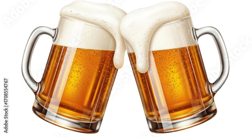 Two frothy beer mugs clinking isolated on a transparent background beverage